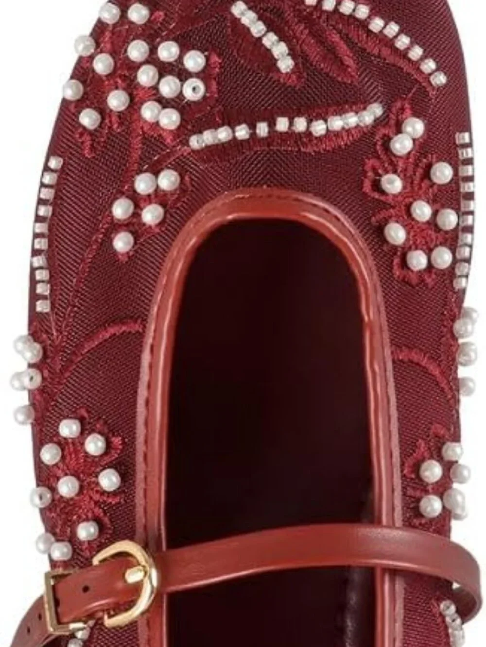 Women's Red Floral Mesh Ballet Flats Strap Round Toe Slip On Dressy Shoes